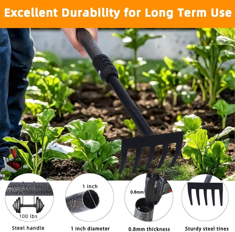 KLDOLLAR Hand Rake, Adjustable Handle Garden Small Rake Garden Tool, Heavy Duty Hand Tiller Cultivator with Soft Foam Grip, Mini Rakes for Weeding Tilling Soil Loosing Planting - Image 3